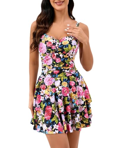 Halcurt Badeanzug Damen Bauchweg mit Cups Einteiliger Schwimmkleid Ruched Badekleid Schwimmrock L