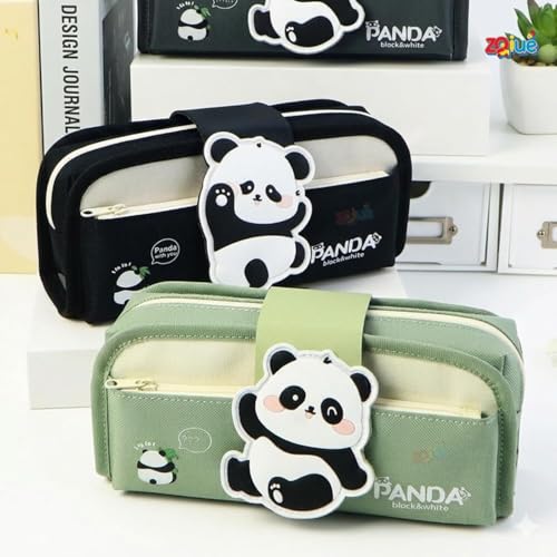 Image of WORSHIPER Large Capacity Cute Aesthetic Pencil Case with Multi ompartments, Multi-Pocket Pastel Pen Pouch Organizer with Zipper, Kawaii School Supplies Bag for Girls (Panda Black Pouch + Eraser)