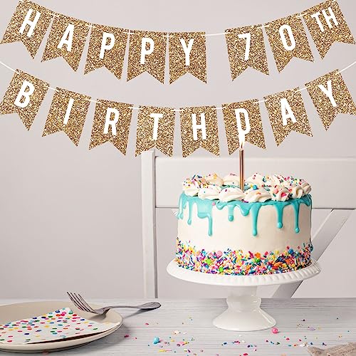 Image of Pre-Strung Happy 70th Birthday Banner - Gold Glitter Birthday Banner | No DIY - Gold Glitter 70th Party Decorations for Men & Women - Pre-Strung on 6 ft Strands - Bday Party Decorations & Decor