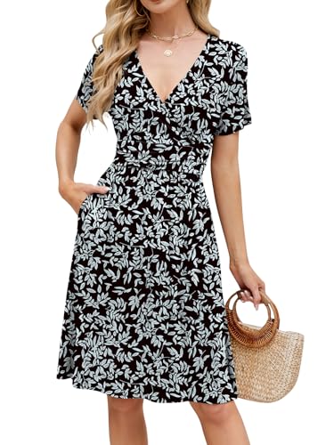 Image of Naggoo Womens Summer Dresses for Women 2026 Spring Floral Sundress Short Sleeve V Neck Wrap Dress with Pockets