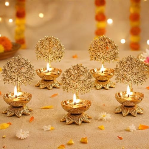 Image of Behoma 100% Pure Brass Kalpvriksha Diya Set of 5 for Puja | Handcrafted Tree of Life Deepak for Mandir, Temple, Home Decor & Office | Decorative Brass Oil Lamp | Diwali Gift & Return Gift