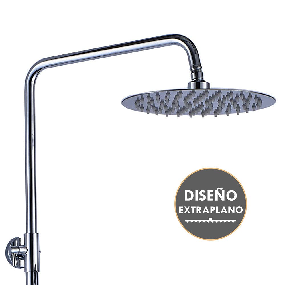Columna de ducha termostática extralarga ROU Round, con tubo extensible de 100 a 150 cm. Rociador extraplano de 20cm y ducha de mano de hidromasaje redondos. Recambios garantizados