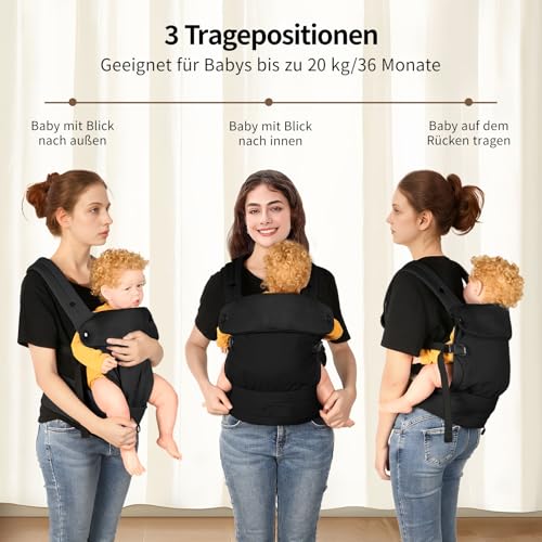 Tuocal Babytrage für Neugeborene bis Kleinkinder, Ergonomische Bequeme und Leichte Tragetuch, Verstellbare Kopf- und Nackenstütze, Verbesserte Lendenwirbelstütze für Babys 4-20 kg 3-36 Monate, Schwarz