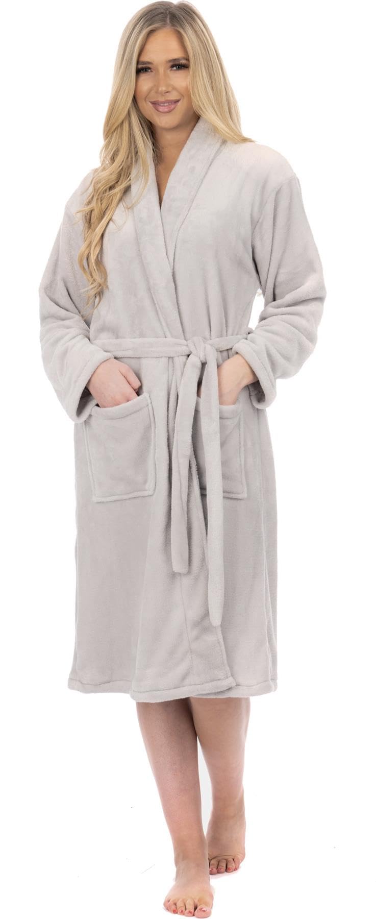 Adore Home Ladies Flannel Fleece Bathrobe Womens Soft & Warm Dressing Gown Bath Robe, Grey, XXL-3XL
