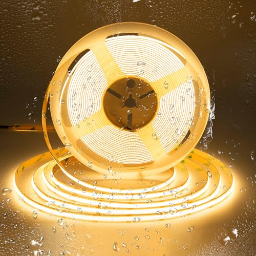 SIRYYUI COB Waterproof LED Strip Light IP65 10M,2700K Warm White,384LEDs/M High Density 24V Dotless Tape Light,CRI90+,Self-Adhesive Strip Lights Perfectly Bathroom,Kitchens Decor (No Power Supply)