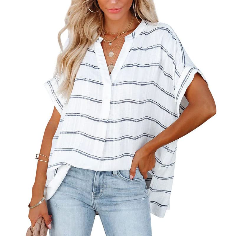 DoeunnerWomen's Summer Work Blouse Split V Neck Short Sleeve Casual Loose Shirts Tops Chiffon Blouse