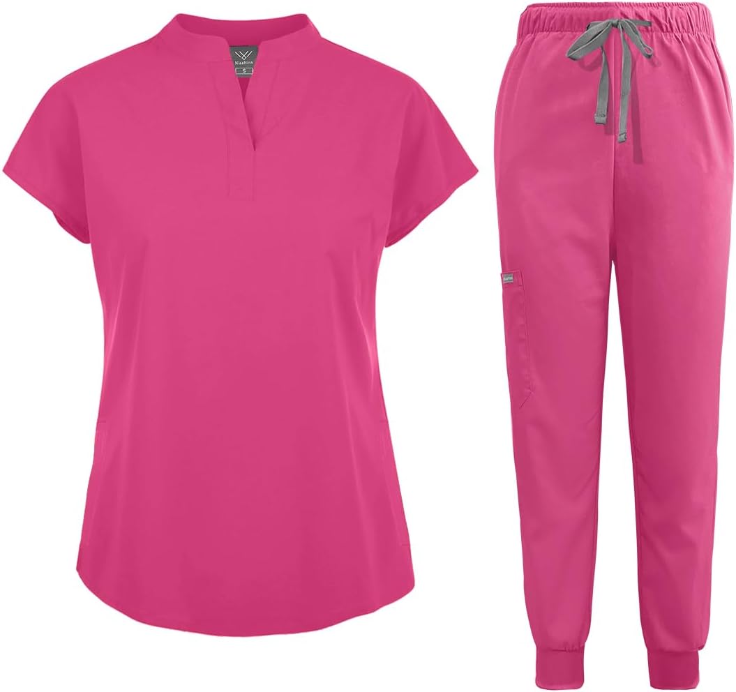 niaahinn Scrubs Set for Women Nurse Uniform Jogger Suit Stretch Top & Pants with Multi Pocket for Nurse Esthetician Workwear
