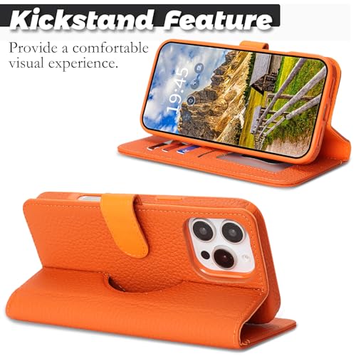 Image of Detachable Genuine Leather Case for iPhone 16 Pro Max Wallet Case Magnetic 2in1 Removable Flip Cover Book Purse Compatible with Magsafe Charging Kickstand Card Holder-Orange