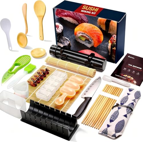 liamasum Sushi Making Kit 28 in 1 Sushi Roller Maker Kit with Bamboo Mats Sushi Bazooka Nigiri Gunkan Sushi Mold Musubi Maker Rice Ball Mold & More for Beginners