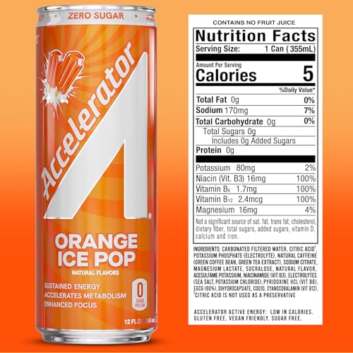 Image of Accelerator Active Energy Drink, Orange Ice Pop 12oz can (12 pack) | Zero Sugar, Sustained Energy from 100% Natural Caffeine (200mg from Green Coffee Bean & Green Tea extract)