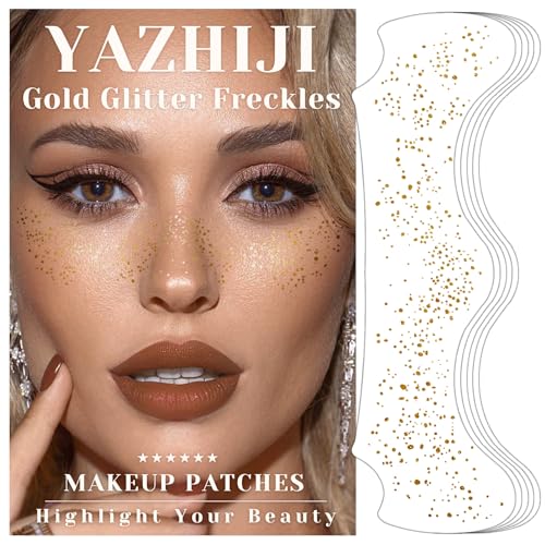 24 Sheets Makeup Patches - Gold - Face Glitter Makeup Speckles Patches Freckles Face Tattoos, Gold Sparkle Makeup Patches, Makeup Accessories for Women Girl, Cosmetic Glitter for Face