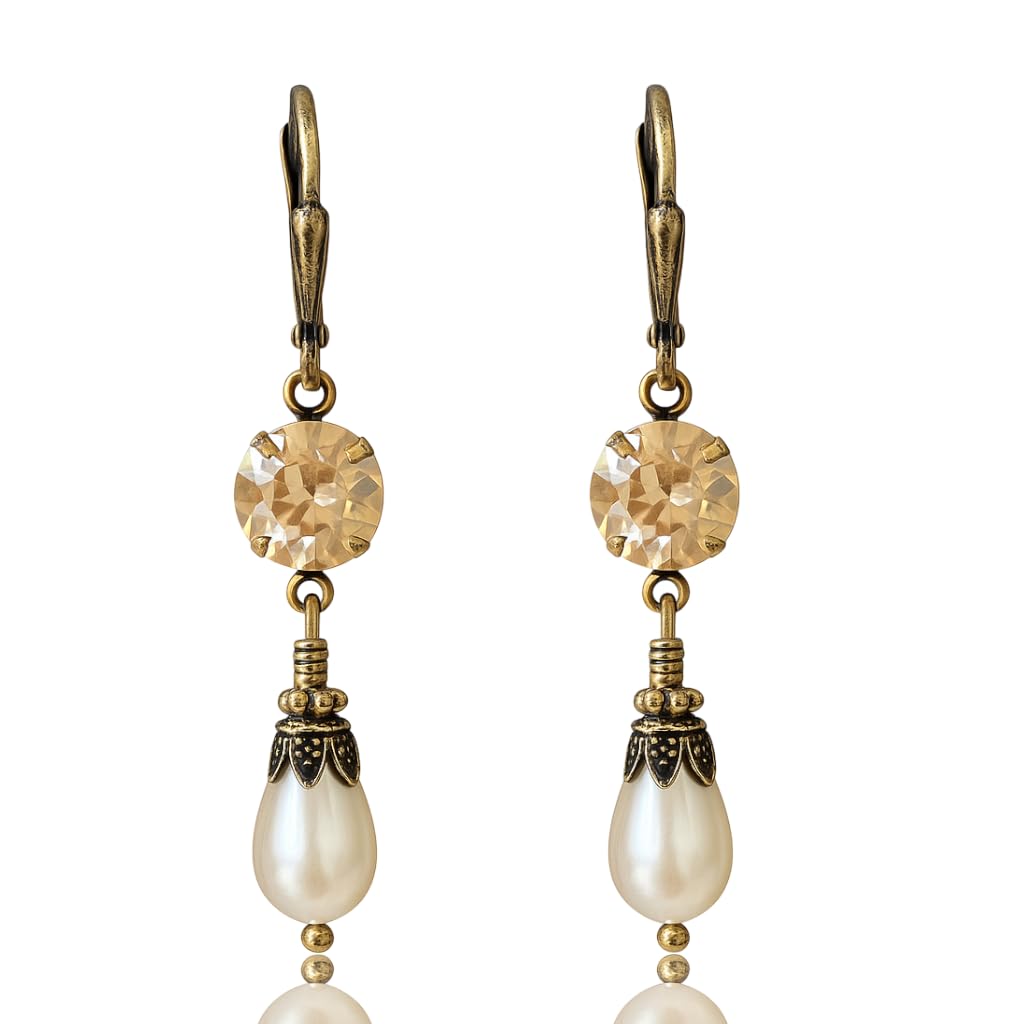 HisJewelsCreations Victorian Simulated Pearl & Crystal Leverback Earrings