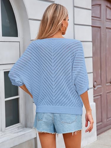 Image of Libsorge Womens Sexy V Neck 3 /4 Sleeve Sweater Spring 2025 Trendy Dressy Casual Outfits Lightweight Crochet Knit Pullover Top