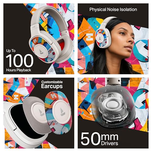 Image of boAt Rockerz Plus 550, Customizable Earcups, 100H Battery, 50mm Drivers, Dual Pair, Stream Ad Free Music via App Support, Bluetooth Headphones, Wireless Headphone with Mic (White Prism)