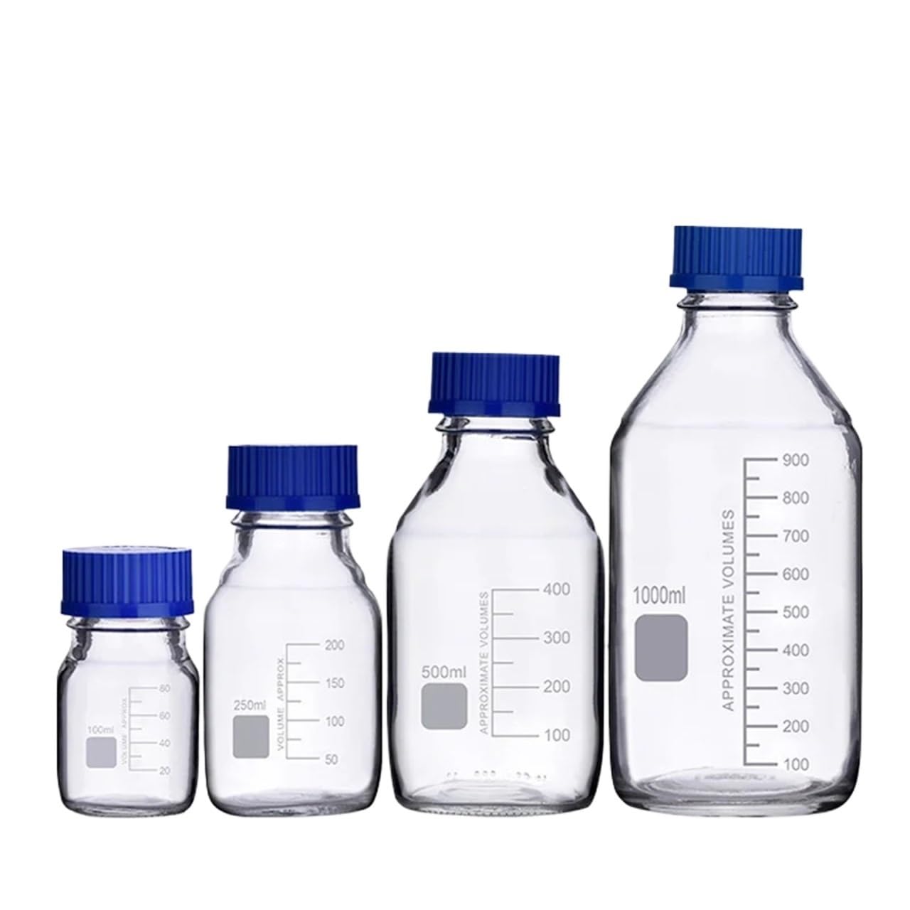Botella de reactivo de vidrio de borosilicato transparente for laboratorio de 100 ml, 250 ml, 500 ml y 1000 ml con tapa de rosca azul