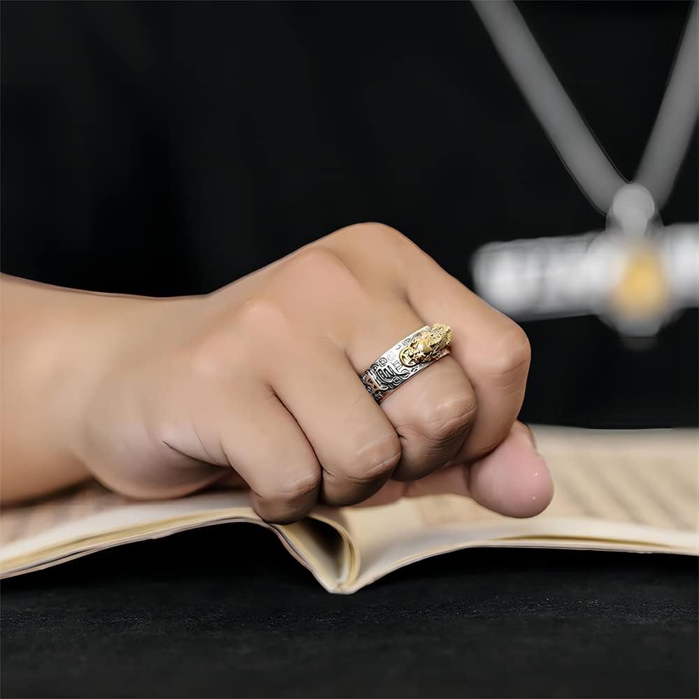 JAJAFOOK Sterling Silver Feng Shui Pixiu Mantra Ring Buddhist Good Luck Amulet Lucky Fortune Opening Adjustable Ring - Image 4