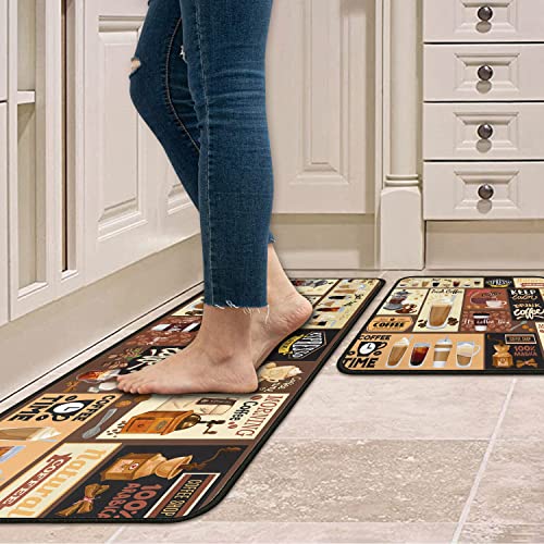 2 Pcs Coffee Theme Kitchen Rugs And Mats Non Skid Washable Black Kitchen Mat Soft Super Absorbent Anti Fatigue Kitchen Mat Runner Set Doormat Bathroom 17"X47"+17"X30" #TOP1