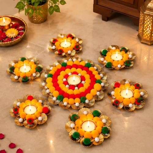 Webelkart Premium Decorative Rangoli Tea Light Candle Holder for Diwali Decor,Festival Candle Holder,Tealight Holder Rangoli with Artificial Flowers (Set of 7)