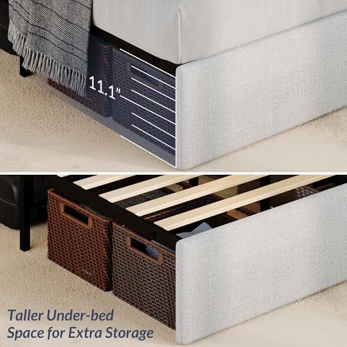 BELLEZE Queen Size Platform Bed Frame with Charging Station, Wooden Slats, and Under Bed Storage - Light Grey