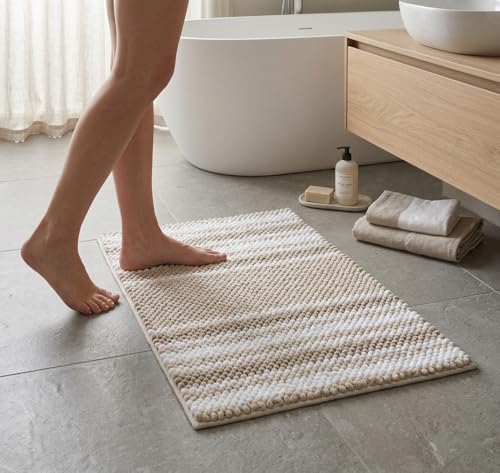 Pinkrin Chenille Badematte Beige - Weich, Komfortabel, Saugfähig & Schnell Trocknend, Waschbar rutschfest Badläufer Klein 40x60 für Badezimmer, Antirutsch Badvorleger Pflegeleicht & Langlebig