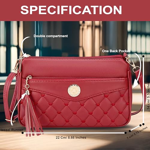 Image of SHAMRIZ Korean Style Quilted Sling Bag for Girls | Cute Heart Pattern Crossbody Purse with 3 Zipper Compartments | Fancy Tassel Side Bag for Party, Wedding & Gifts | Mini Slingbag /One Side Bag