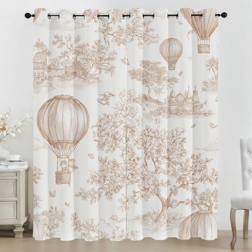 Générique Rideau Brun Toile de Jouy Rideaux Chambre Salon Montgolfière Rideau Occultant Thermique Isolant Anti-Chaleur Phonique Lot de 2 Rideaux à Oeillets...