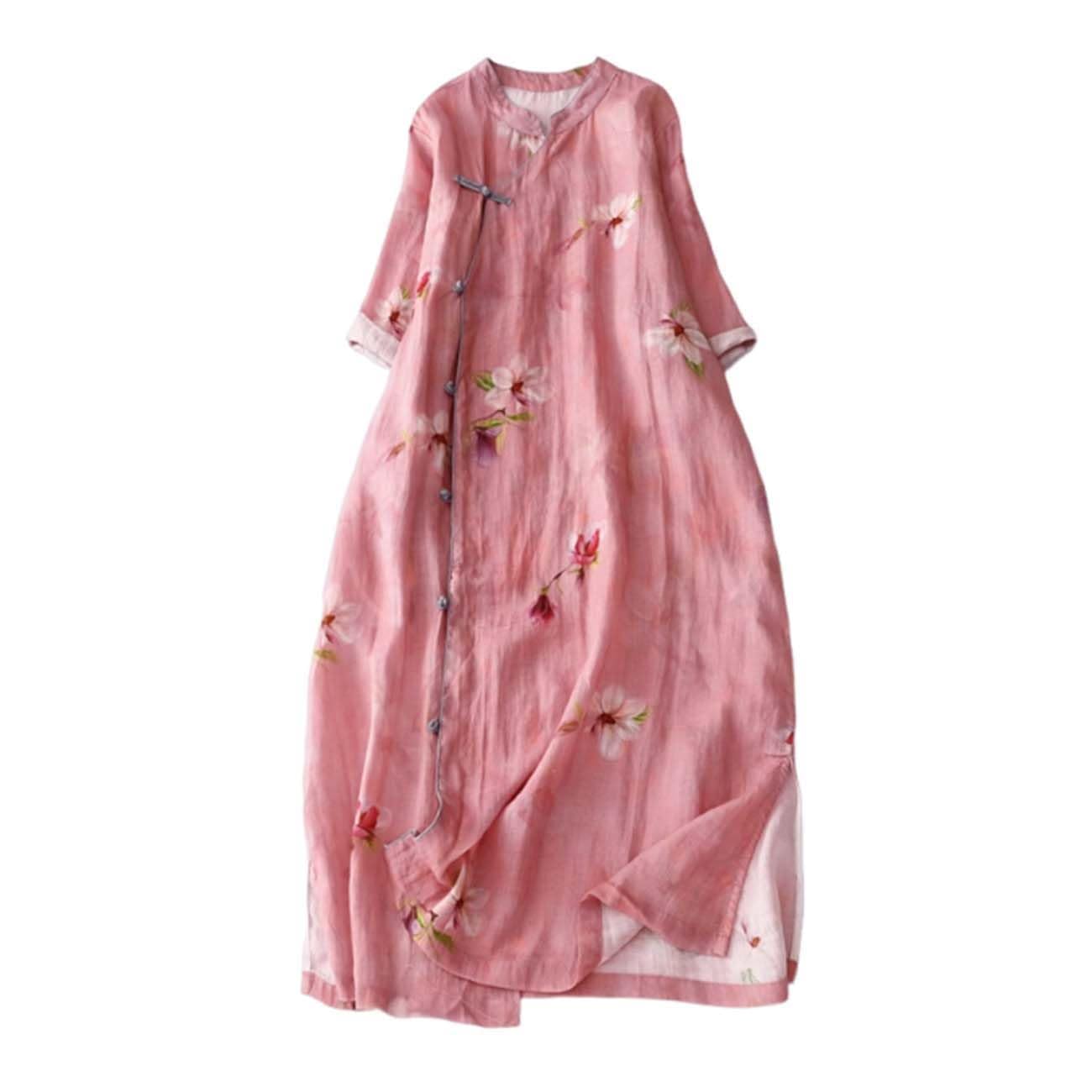 PRINCESS BRIDE Abito da cheongsam con maniche a 3/4 con stampa in lino estivo, abito vintage slim fit con spacco laterale A07