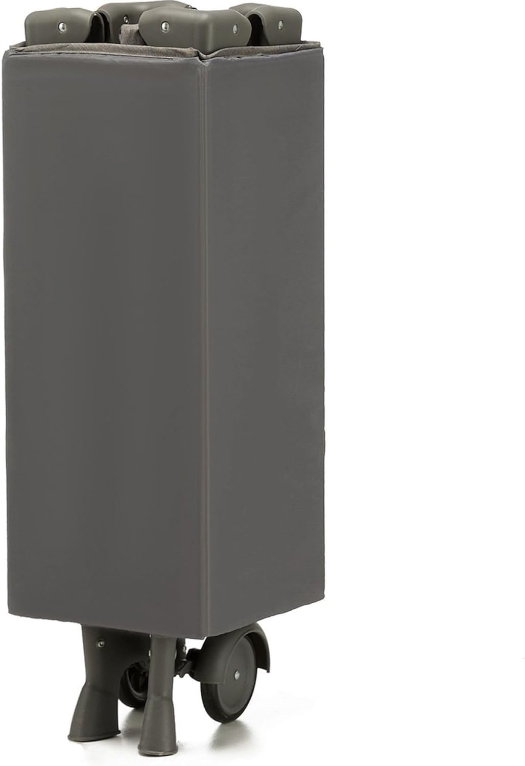 Kinderkraft Joy 2 travel cot folded into a compact, upright rectangular shape, ready for storage or transport.