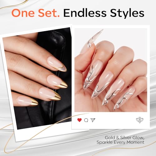 Image of Modelones Gold Silver Gel Nail Polish Set, 3D Chrome Metallic Liner Gel with Fine Brush for French Tip Professional Detail Nail Art Mirror Effect False Nails DIY Soak Off Manicure Gift for Women