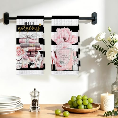 Image of 2 Pcs Black White Hand Towels, Perfume Flower Decor Reusable Dish Towels | Fashion Gifts for Women Girls Mom Friend, Waffle Weave Microfiber Towels for Bathroom Home Decor 24x14 Inch