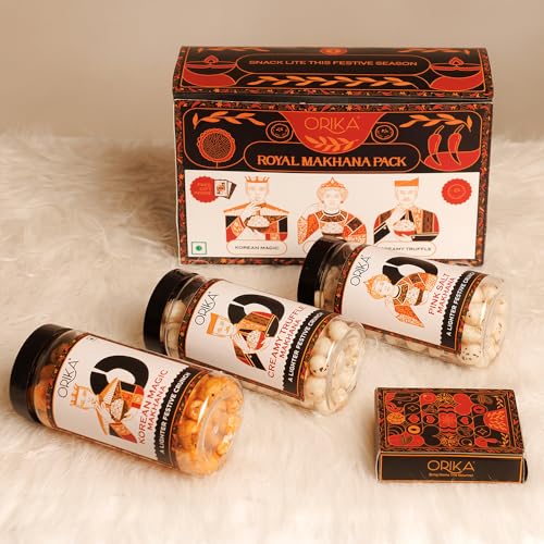 Image of Orika Royal Makhana Gift Box | Korean Magic, Creamy Truffle & Pink Salt Flavored Makhana with Premium Playing Cards | Luxury Healthy Snack Gift Hamper