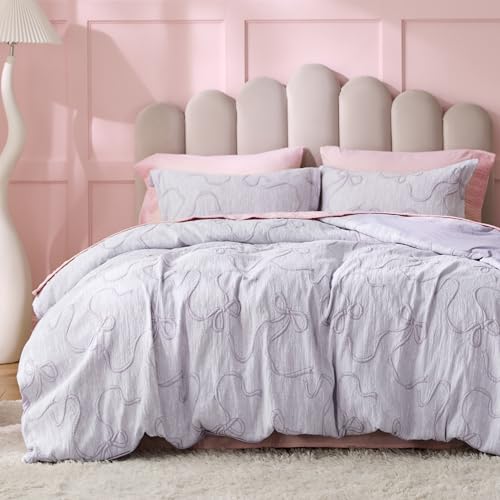 Bedsure Purple Duvet Cover Queen Size with Bowknot Jacquard Design Soft and Elegant Boho Bedding Set Luxurious Craftsmanship for a Stylish Bedroom Includes 1 90x90 Duvet Cover & 2 Pillow Shams