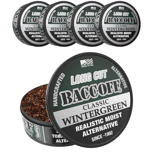 5 Cans BaccOff Classic Wintergreen Long Cut Refreshing and Strong Wintergreen Flavor Realistic Moist Alternative