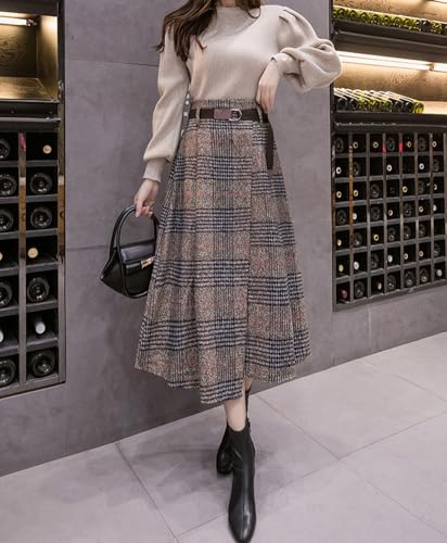 chouyatou Women's Vintage Plaid Wool Blend Midi Skirt Houndstooth A Line Wool Long Skirt with Belt3
