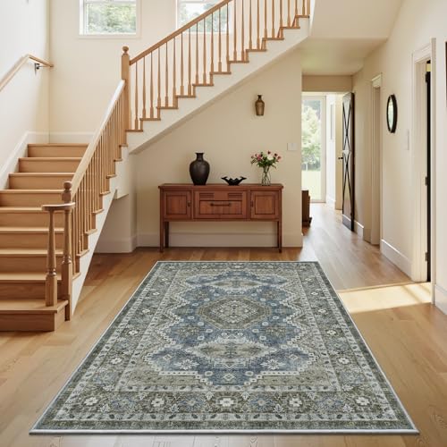 Rugland 4x6 Rug - Stain Resistant Washable Rug, Anti Slip Backing Rugs for Living Room, Vintage Tribal Area Rugs (TPR07-Green, 4'x6')