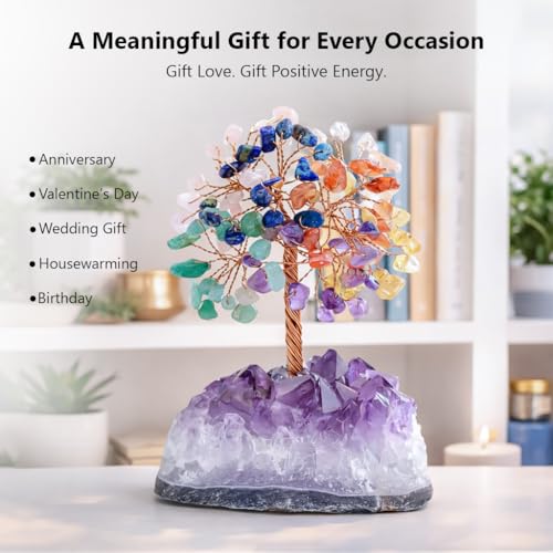Image of Crocon 7 Chakra Crystals Tree of Life with Amethyst Cluster Base, Gift for Women Men Birthday Gifts MoM, Money Tree Feng Shui Good Luck Healing Crystals Home Decor Crystals and Healing Stones