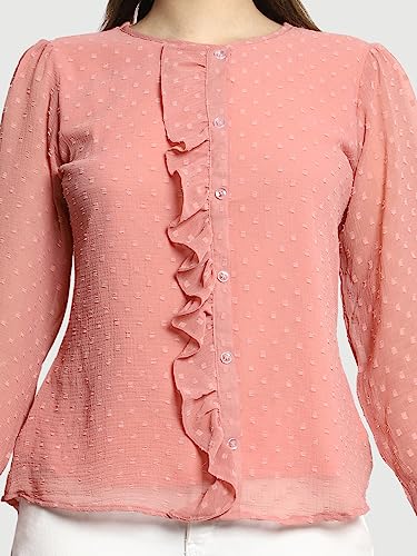 Image of PRETTIFY Women's Regular Fit Solid Embroidery Georgette Waist Length, 3 /4 Sheer Sleeve, Round Neck Casual Wear Western Shirt Top for College /Office Girls