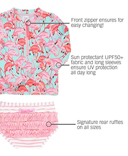 Image of RuffleButts Baby /Toddler Girls Long Sleeve Rash Guard 2 Piece Swimsuit Set w /UPF 50+ Sun Protection with Zipper