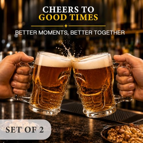 Image of CELLO Skull Glass Beer Mug with Handle Set of 2 Pieces, 520 ml Transparent | Freezer & Fridge Safe, Durable Leadfree Dishwasher Safe Toughened Glass Mug for Serve Beer, Cocktail Mocktail & Beverages