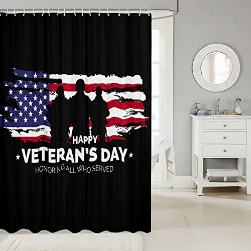American Flag Shower Curtain Soldier Silhouettes Bath Curtain, Vintage White and Red Stars Stripes Bathroom Decor, for Kids Boys Teens Retro Camo Usa Flag Waterproof Shower Curtain ,72" W x