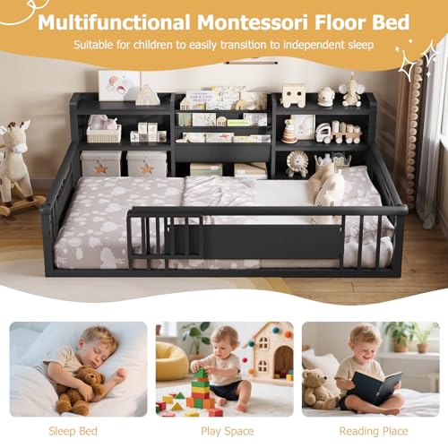 image for DICTAC Twin Floor Bed for Kids with Safety Rails and Door, Montessori 