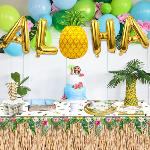 Luau Party Dekorationen, Hawaii Party Dekorationen Aloha Party Zubehör mit Pappteller, Grasrock Tischdecke, Servietten, Pappbecher, Aloha Ballon für Sommer Strand Party Hawaii Luau Party