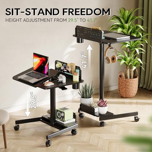 Image of JOY worker Mobile Standing Desk with 60 Tiltable Desktop, 28 inch Height Adjustable Rolling Desk, DIY Pegboard & Storage Base, Portable Laptop Desk with 4 Lockable Wheels for Home Office, Black