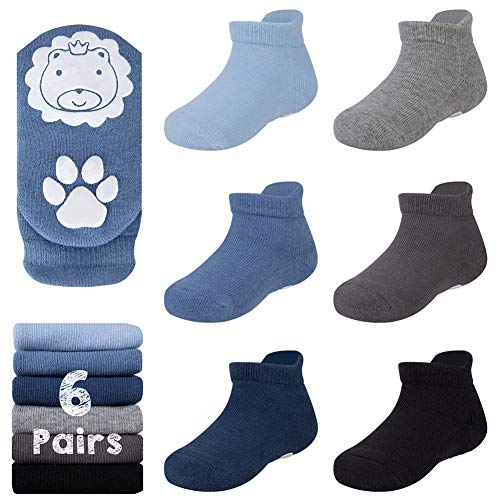 Baby Girl & Boy Ankle Cotton Socks with Non Slip Grip for Infant, Toddler, Newborn, 6 Pairs, 12-36 Months, Black Gray Blue, Cute Lions Pattern