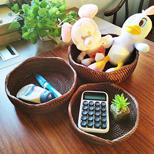 3 Pack Rattan Round Fruit Basket Food Storage Bowls Kitchen Organizer Snack Serving Bowl 9 10 11 Inch Wavy Edge Circle Tray Basket With 3” Deep Wall, Dark Brown Décor Display Tray Bowl 3-Size #TOP3