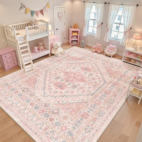 zesthome 9x12 Area Rugs for Girls Bedroom, Low Pile Machine Washable Rugs, Vintage Large Pink Rugs, Stain Resistant Nursery Room Rug, Baby Crawling Rug (Pink/Blue,9'x12')