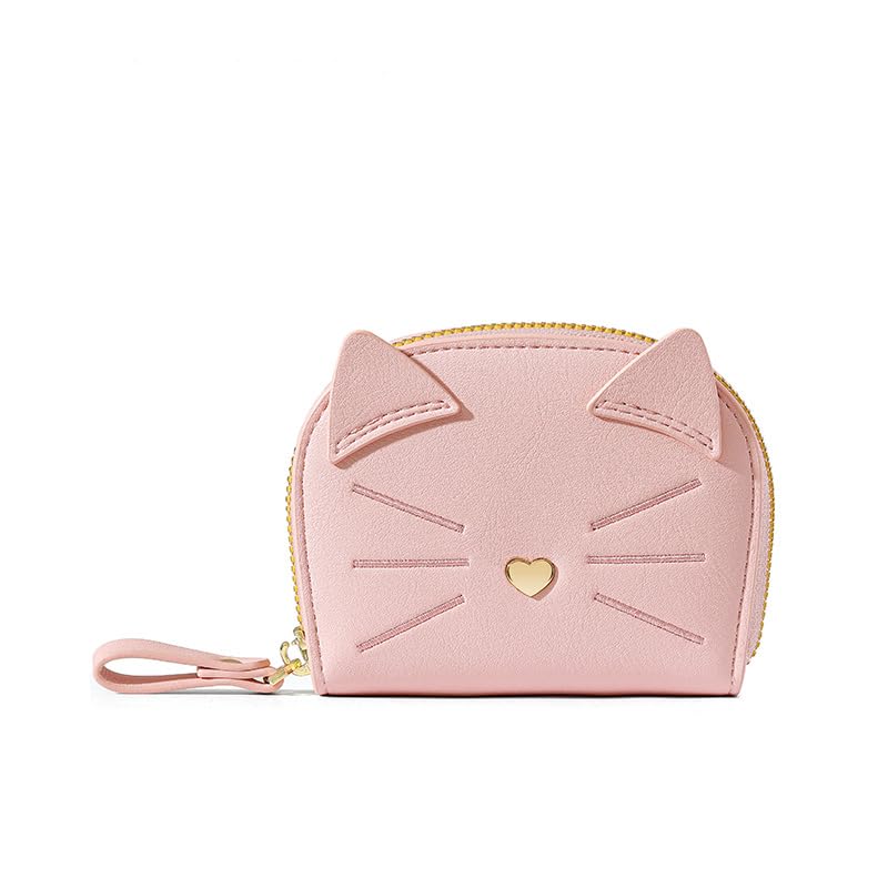 Credit Card Holder Wallet, Cute Cat Small Accordion PU Leather Card Wallet, Zipper Coin Purse with 11 Card Slots for Girls and Women Pink