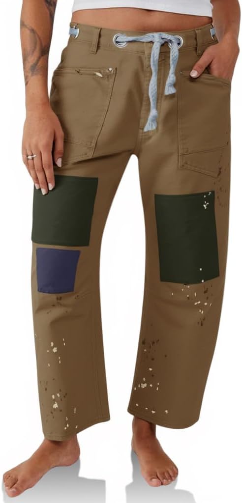 PLNOTME Womens Baggy Barrel Horseshoe Jeans Wide Leg Patchwork Low Rise Denim Pants with Pockets