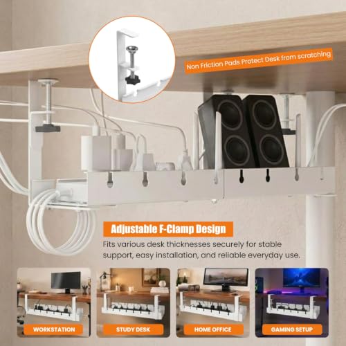 Image of Dyazo Adjustable Under Desk Cable Management Tray | No Drill Clamp-On Rack | Expandable 28.5-55cm Holder for Extension Board, Power Strip & Charging Cable | Heavy-Duty Metal Wire Organizer Shelf-White