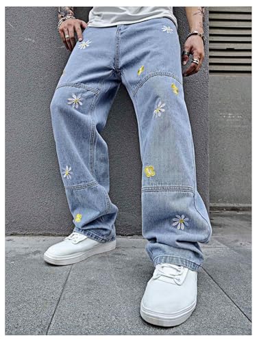 Verdusa Men's Baggy Pants Floral Embroidery Straight Leg Denim Jeans Streetwear4
